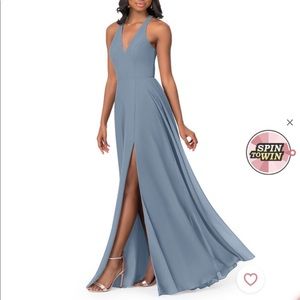 Formal dusty blue open back floor length dress!